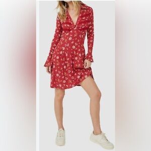 Free People‎ Women's Red Good Days Long Sleeve Minidress Sz Lg